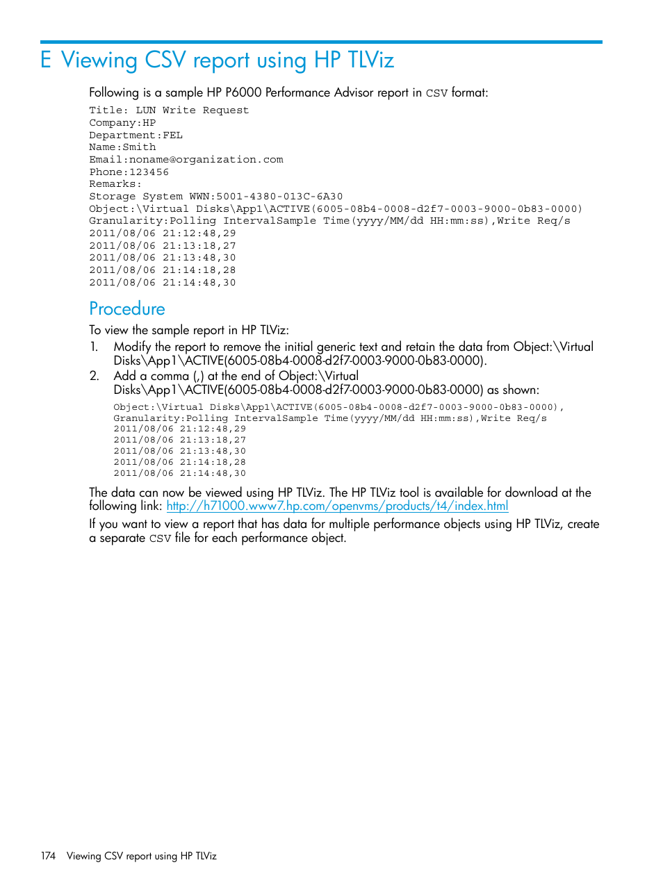 E viewing csv report using hp tlviz, Procedure | HP P6000 Performance Advisor Software User Manual | Page 174 / 186