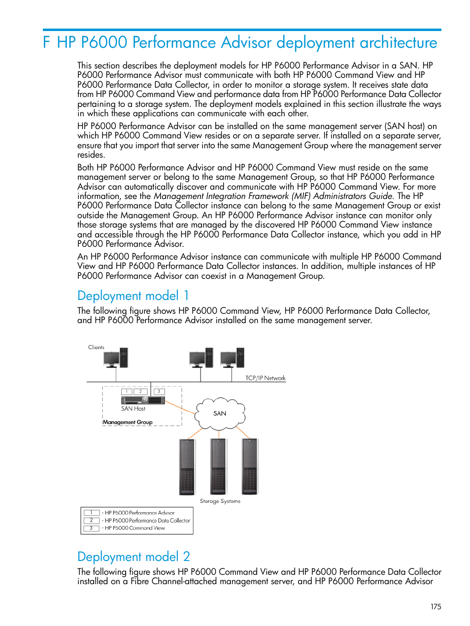 Deployment model 1, Deployment model 2 | HP P6000 Performance Advisor Software User Manual | Page 175 / 186