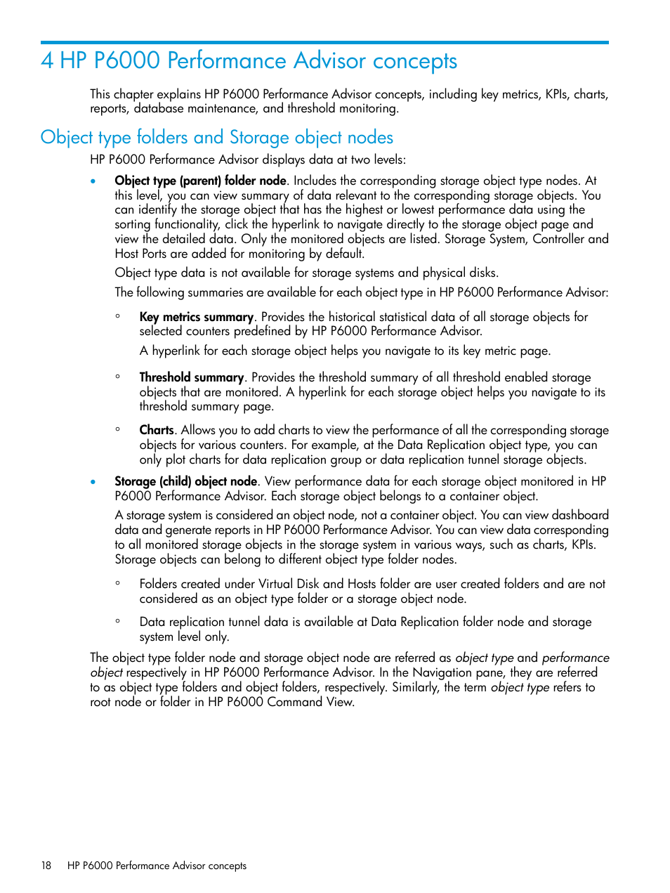 4 hp p6000 performance advisor concepts, Object type folders and storage object nodes | HP P6000 Performance Advisor Software User Manual | Page 18 / 186