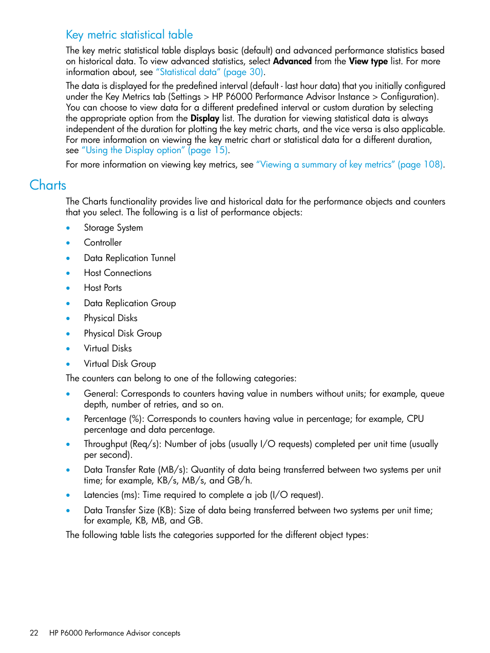 Charts, Key metric statistical table | HP P6000 Performance Advisor Software User Manual | Page 22 / 186