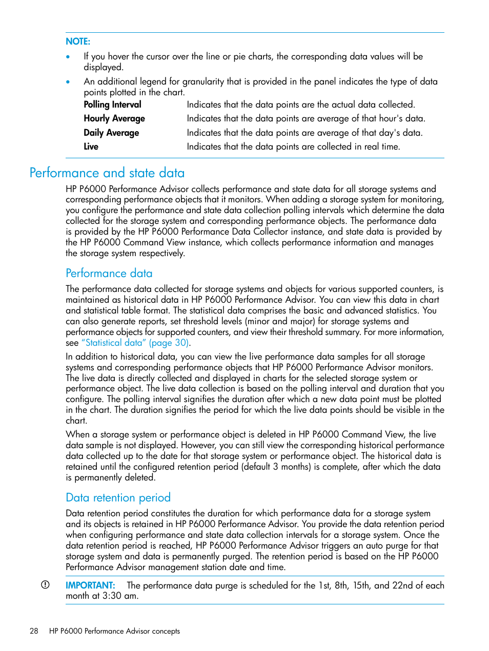 Performance and state data, Performance data, Data retention period | HP P6000 Performance Advisor Software User Manual | Page 28 / 186