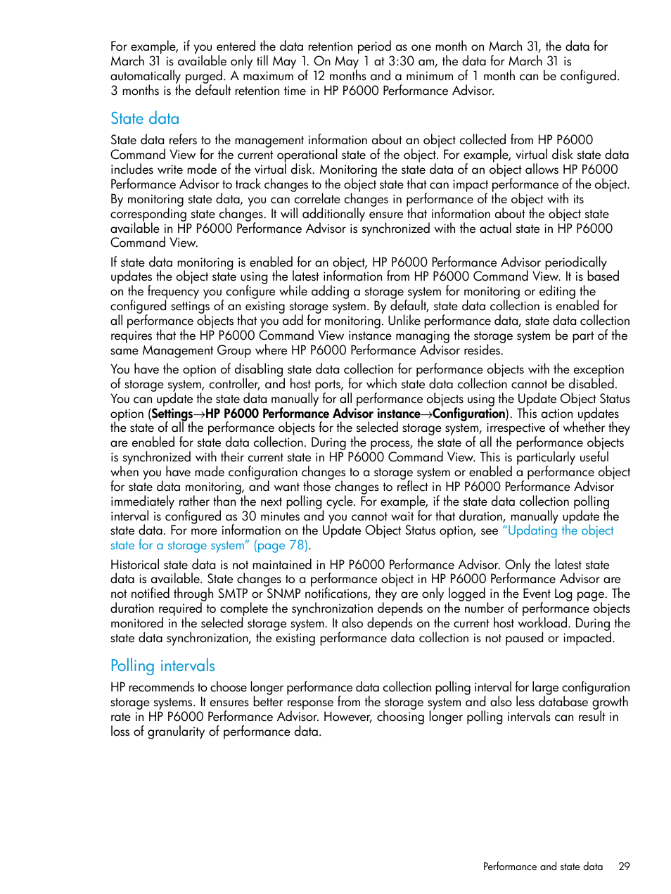 State data, Polling intervals | HP P6000 Performance Advisor Software User Manual | Page 29 / 186