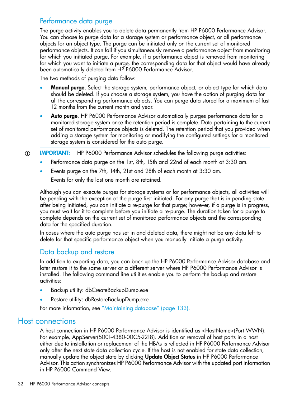 Host connections, Performance data purge, Data backup and restore | HP P6000 Performance Advisor Software User Manual | Page 32 / 186
