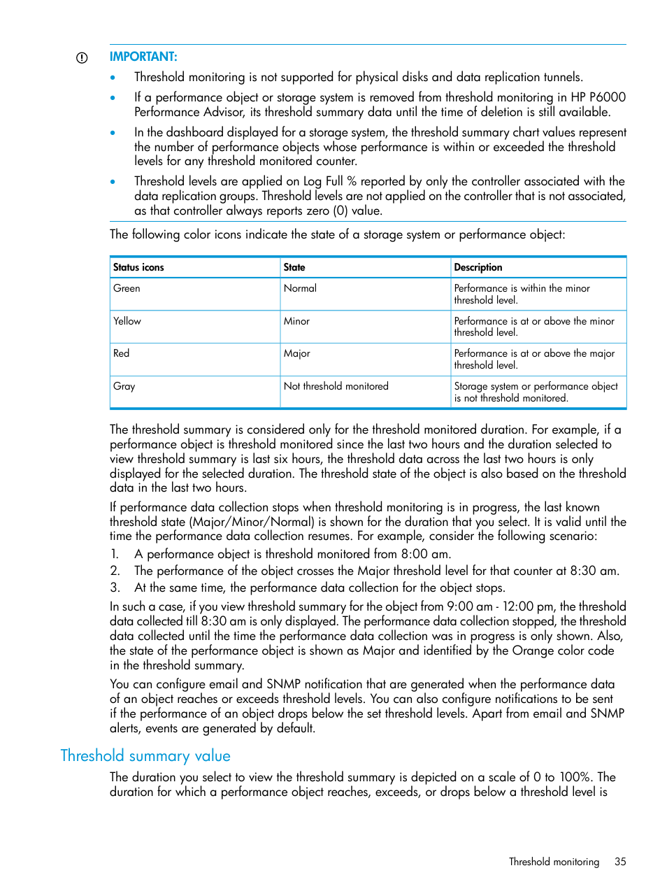 Threshold summary value | HP P6000 Performance Advisor Software User Manual | Page 35 / 186