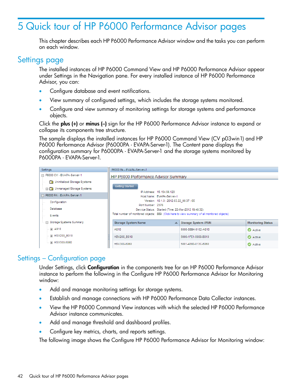 Quick tour of hp p6000 performance, Quick tour of hp p6000, Settings page | Settings – configuration page | HP P6000 Performance Advisor Software User Manual | Page 42 / 186