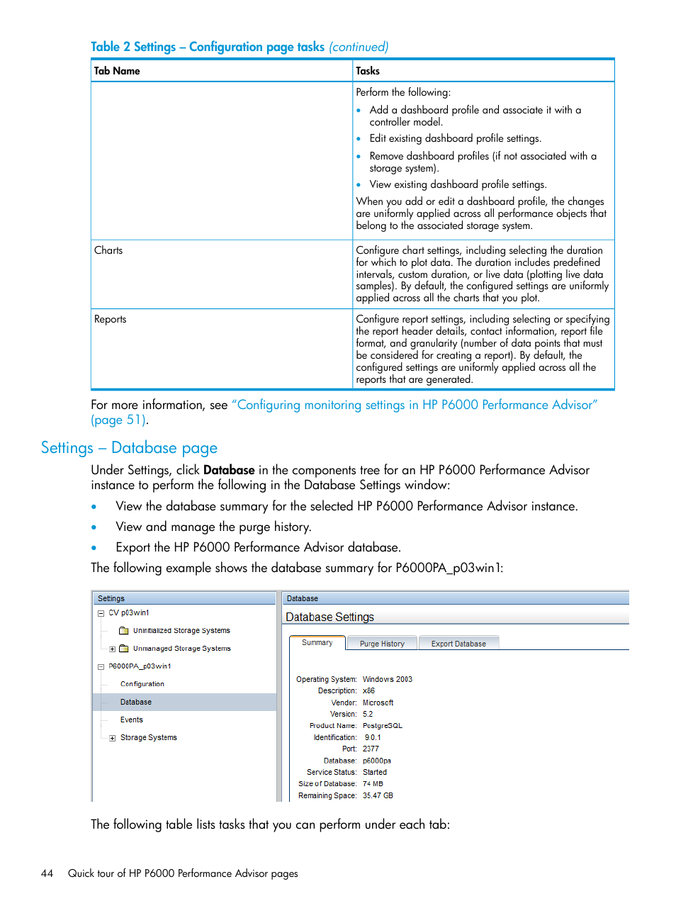 Settings – database page | HP P6000 Performance Advisor Software User Manual | Page 44 / 186