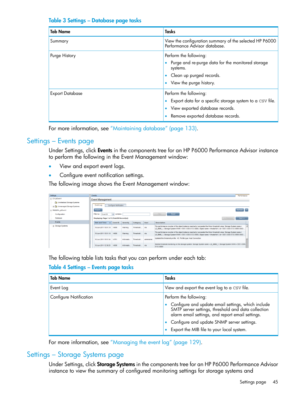 Settings – events page, Settings – storage systems page | HP P6000 Performance Advisor Software User Manual | Page 45 / 186