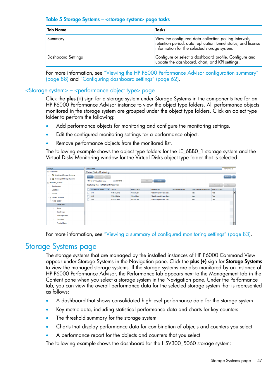 Storage systems page | HP P6000 Performance Advisor Software User Manual | Page 47 / 186