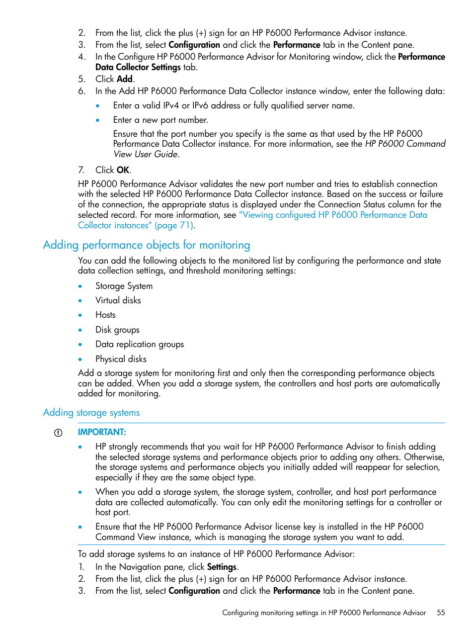 Adding performance objects for monitoring, Adding storage systems, Adding performance objects | Adding | HP P6000 Performance Advisor Software User Manual | Page 55 / 186