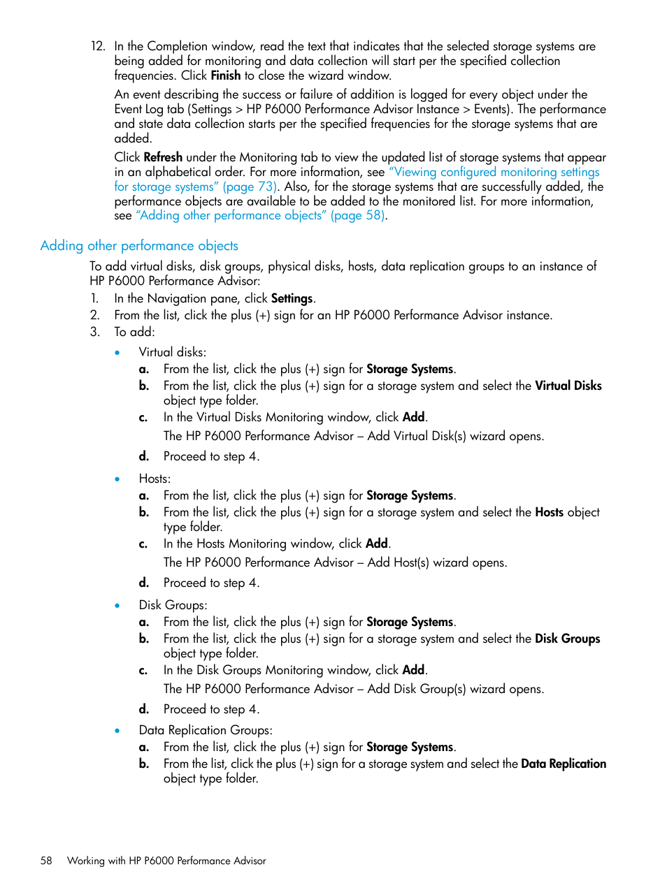 Adding other performance objects | HP P6000 Performance Advisor Software User Manual | Page 58 / 186