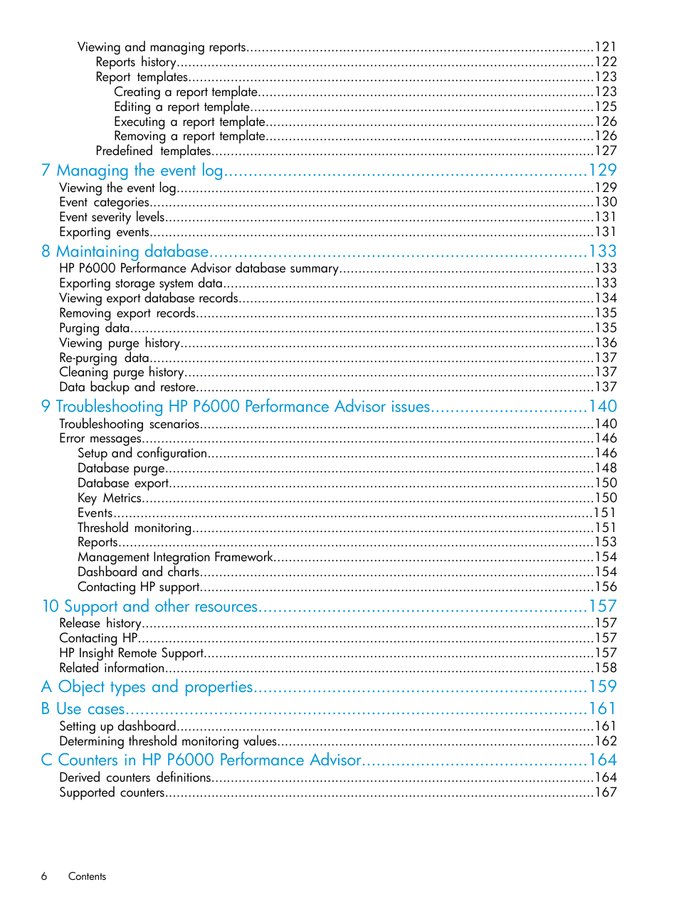 7 managing the event log, 8 maintaining database, 10 support and other resources | A object types and properties b use cases, C counters in hp p6000 performance advisor | HP P6000 Performance Advisor Software User Manual | Page 6 / 186