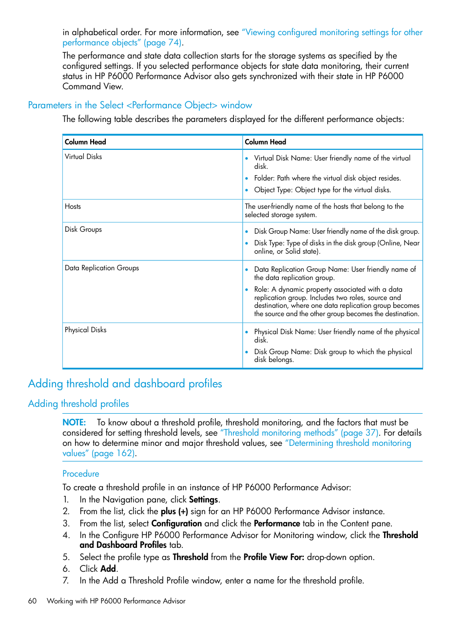 Adding threshold and dashboard profiles, Adding threshold profiles, Parameters | HP P6000 Performance Advisor Software User Manual | Page 60 / 186