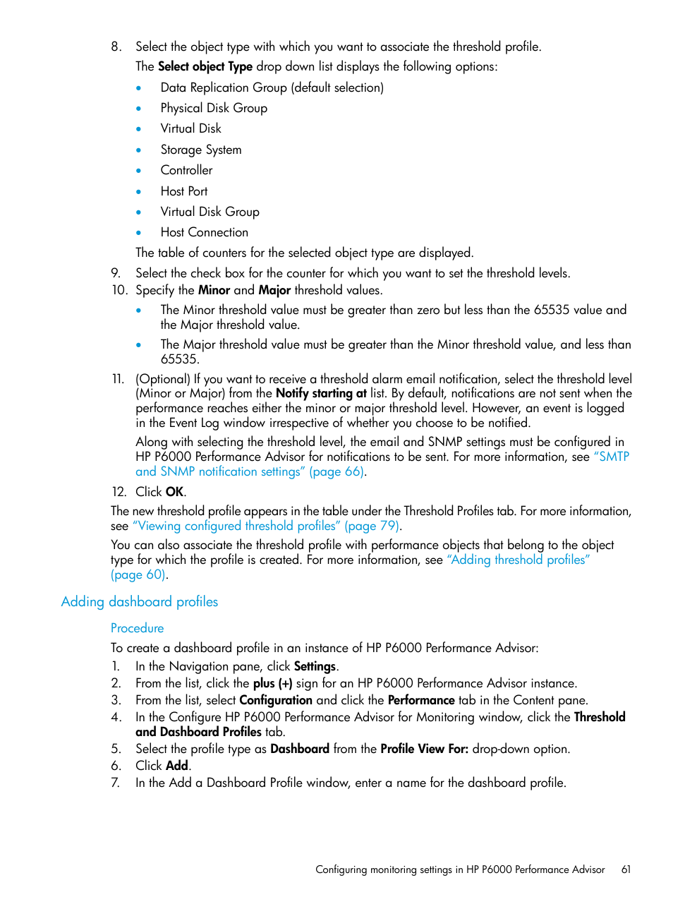 Adding dashboard profiles | HP P6000 Performance Advisor Software User Manual | Page 61 / 186