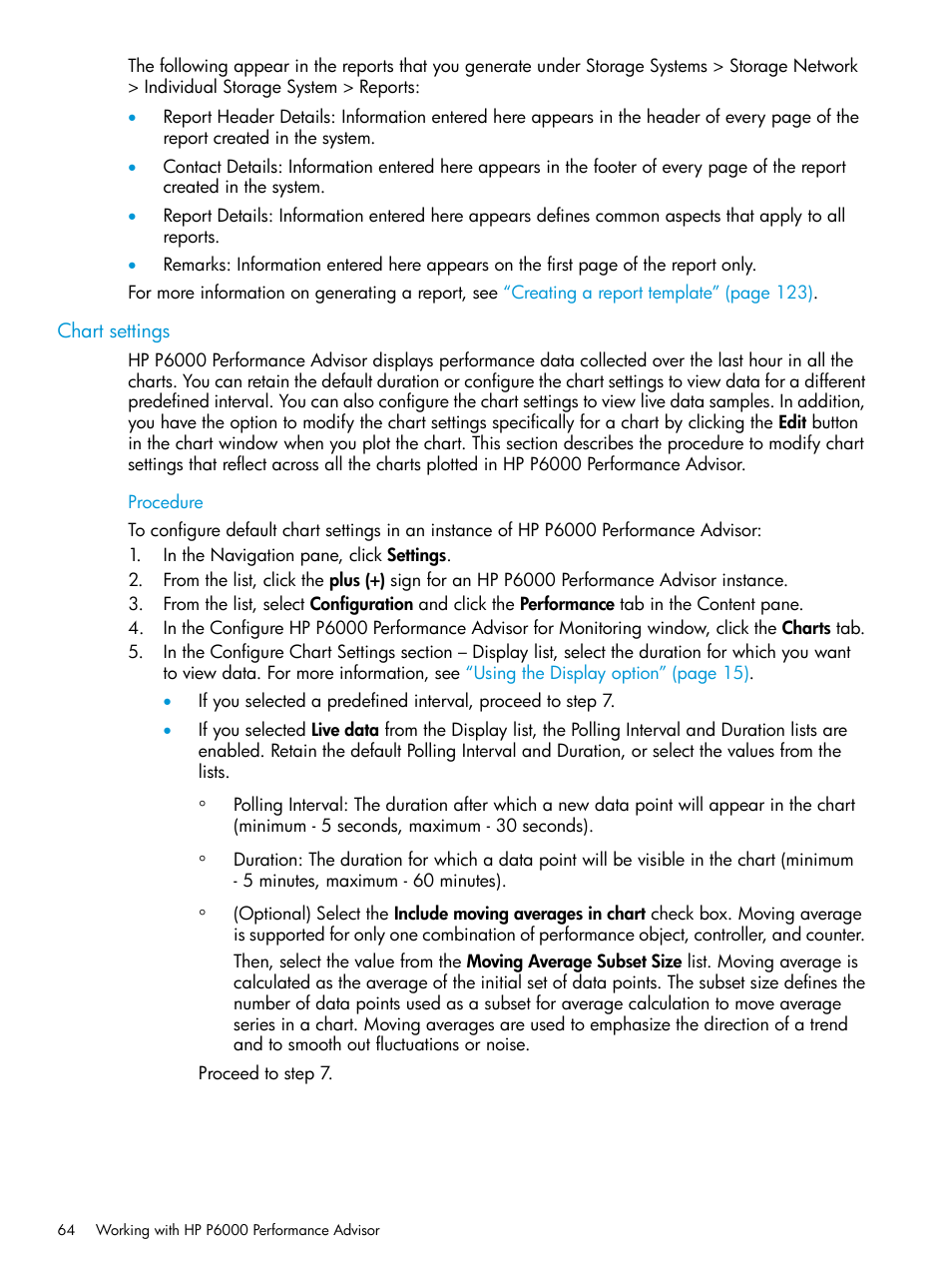 Chart settings | HP P6000 Performance Advisor Software User Manual | Page 64 / 186