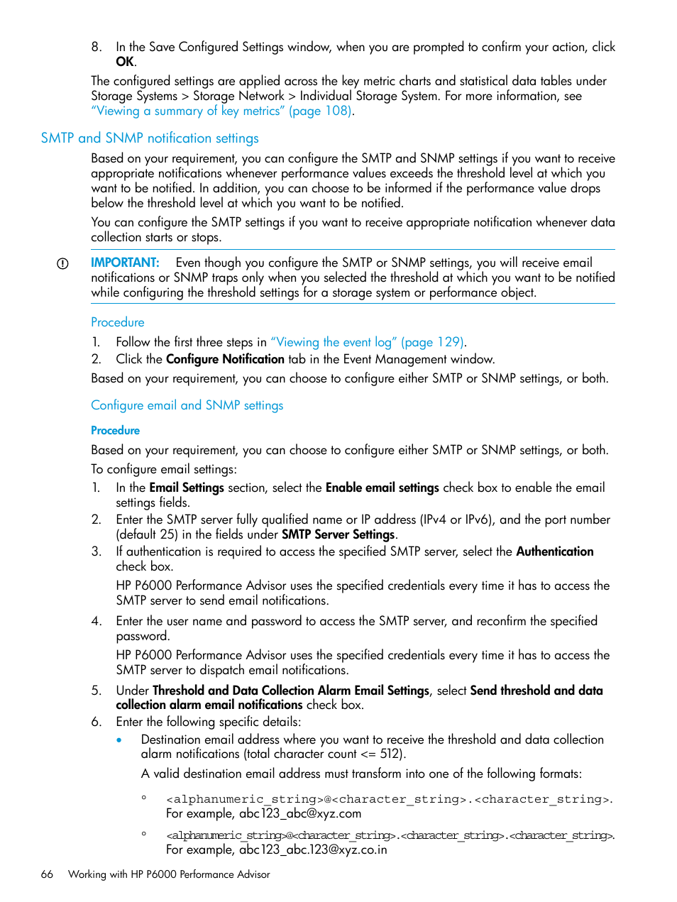 Smtp and snmp notification settings, Configure email and snmp settings, Smtp | HP P6000 Performance Advisor Software User Manual | Page 66 / 186