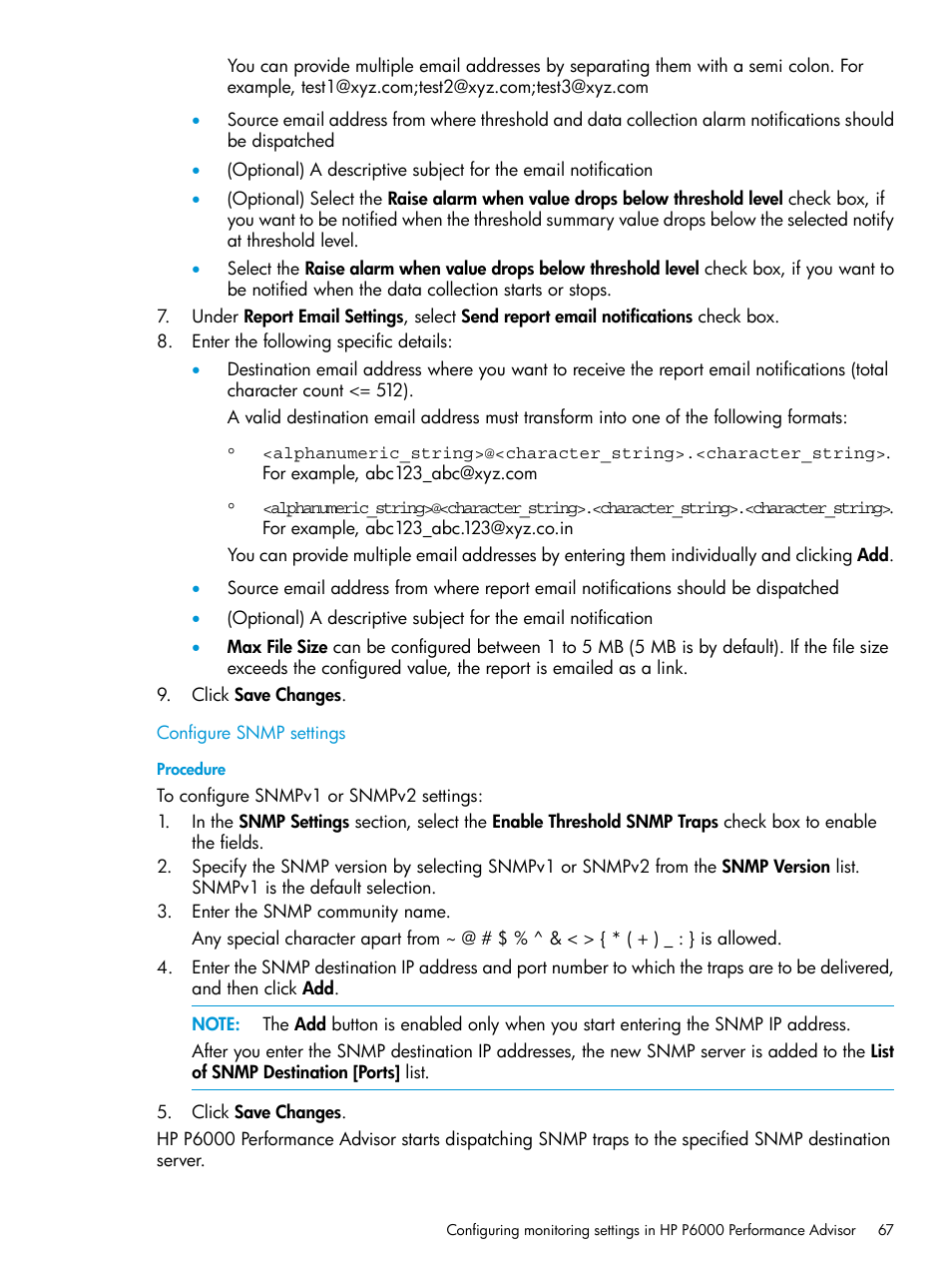 Configure snmp settings | HP P6000 Performance Advisor Software User Manual | Page 67 / 186