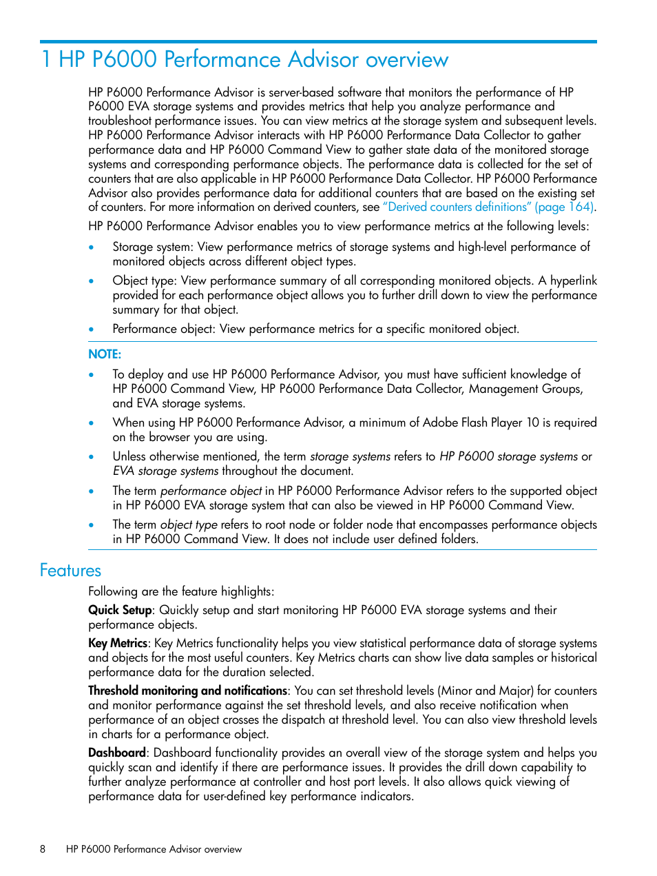 1 hp p6000 performance advisor overview, Features | HP P6000 Performance Advisor Software User Manual | Page 8 / 186