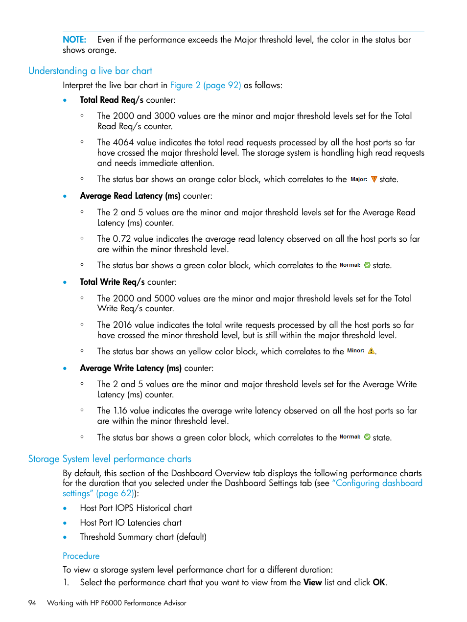 Understanding a live bar chart, Storage system level performance charts, Storage system level performance | HP P6000 Performance Advisor Software User Manual | Page 94 / 186