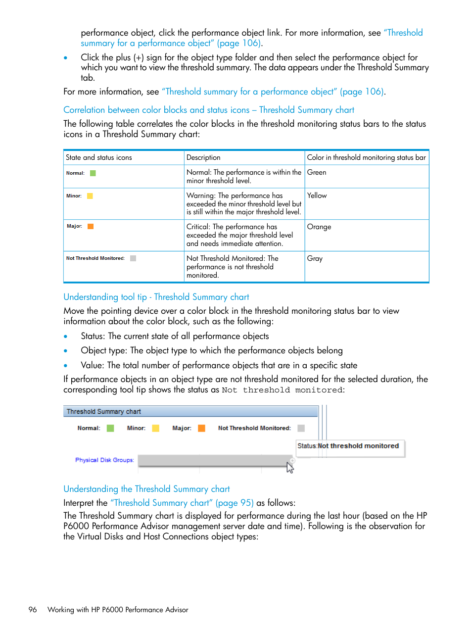 Understanding tool tip - threshold summary chart, Understanding the threshold summary chart, Correlation between | HP P6000 Performance Advisor Software User Manual | Page 96 / 186