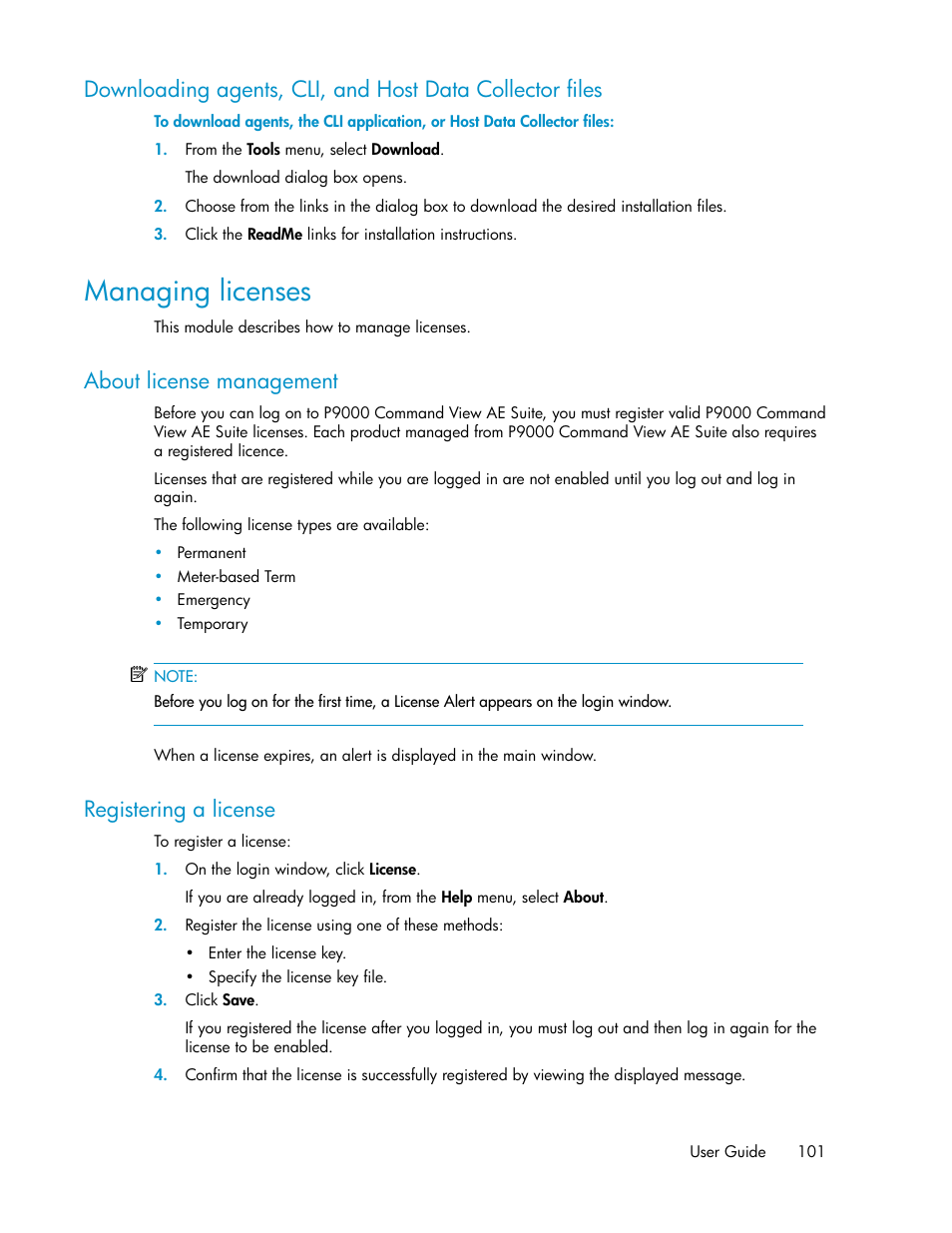 Managing licenses, About license management, Registering a license | 101 registering a license, Registering a, License | HP XP Array Manager Software User Manual | Page 101 / 128