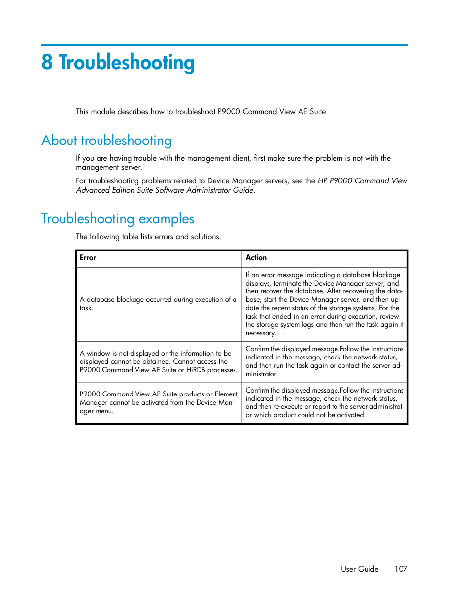 8 troubleshooting, About troubleshooting, Troubleshooting examples | 107 troubleshooting examples | HP XP Array Manager Software User Manual | Page 107 / 128