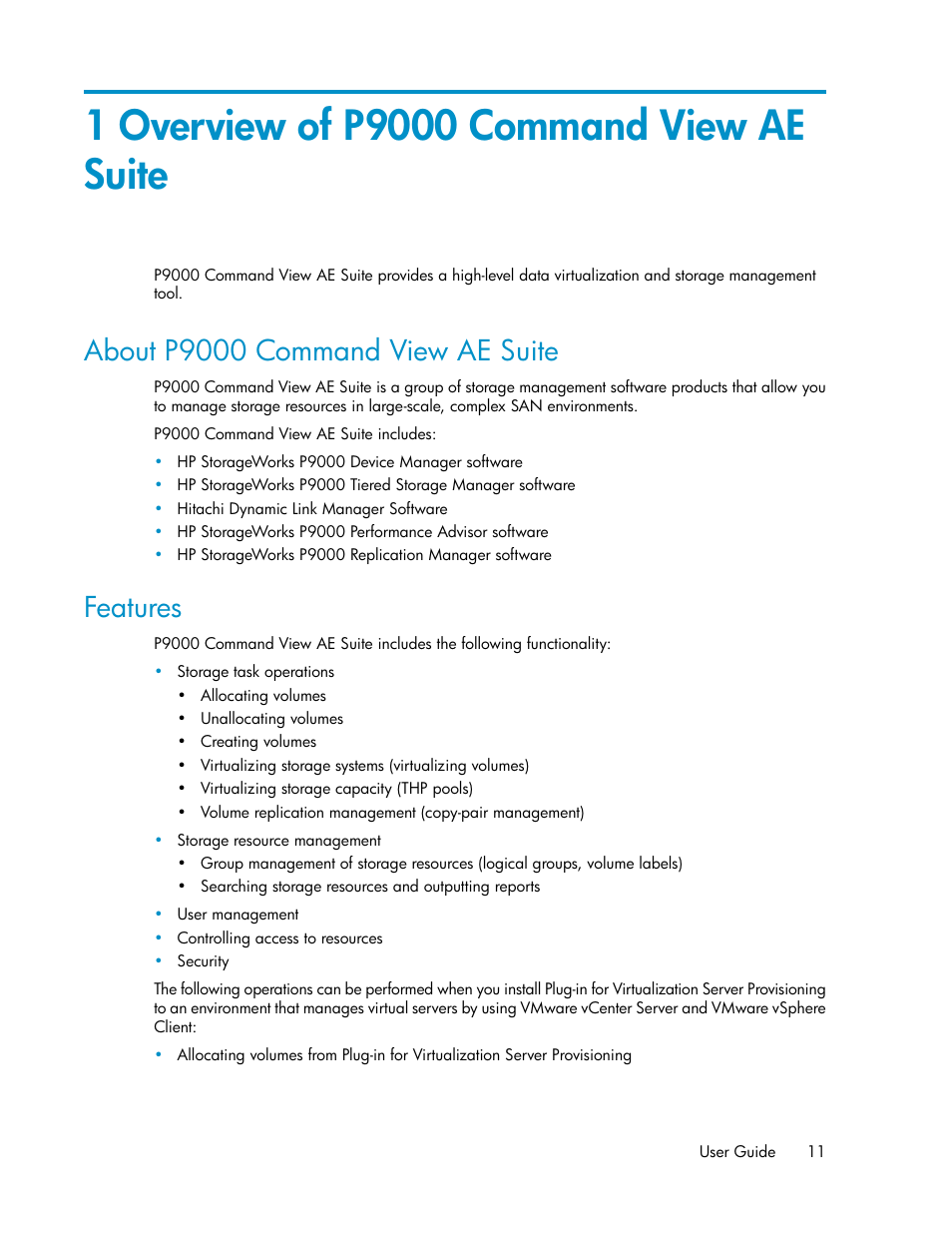 1 overview of p9000 command view ae suite, About p9000 command view ae suite, Features | 11 features | HP XP Array Manager Software User Manual | Page 11 / 128