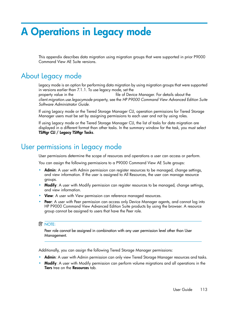 A operations in legacy mode, About legacy mode, User permissions in legacy mode | 113 user permissions in legacy mode | HP XP Array Manager Software User Manual | Page 113 / 128