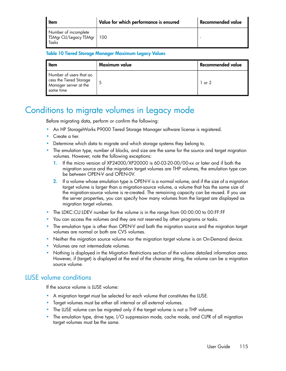 Conditions to migrate volumes in legacy mode, Tiered storage manager maximum legacy values, Luse volume conditions | HP XP Array Manager Software User Manual | Page 115 / 128
