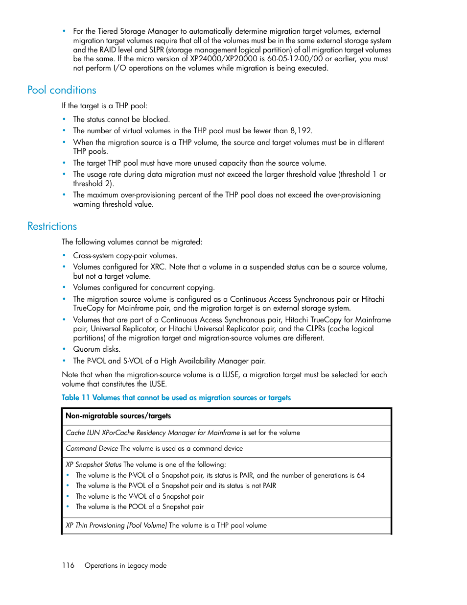 Pool conditions, Restrictions | HP XP Array Manager Software User Manual | Page 116 / 128