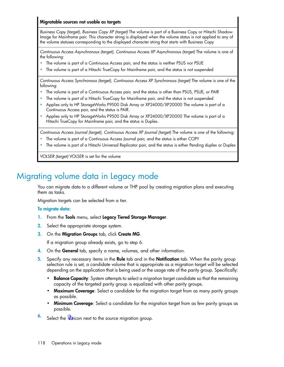 Migrating volume data in legacy mode | HP XP Array Manager Software User Manual | Page 118 / 128