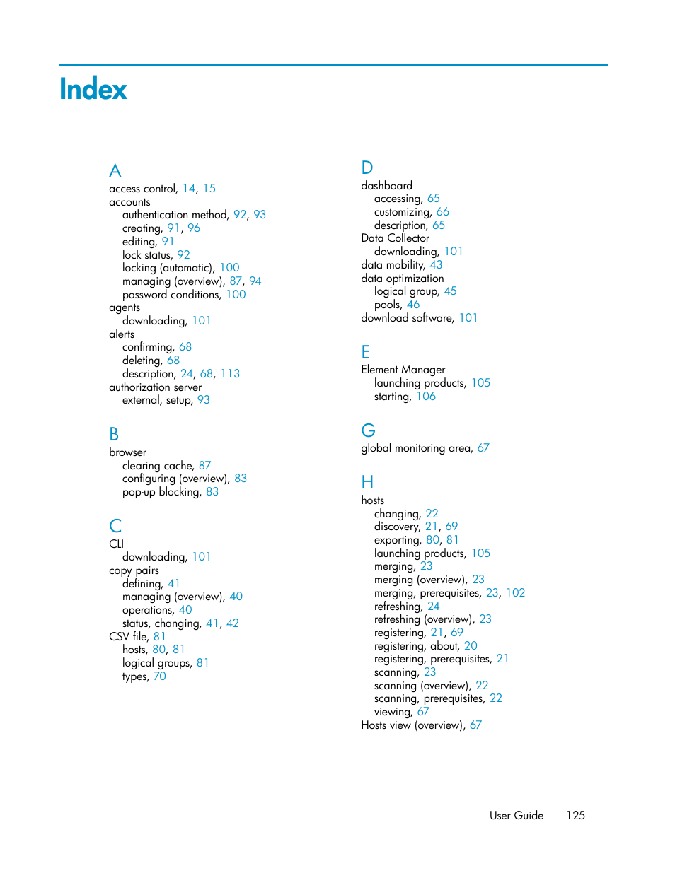 Index | HP XP Array Manager Software User Manual | Page 125 / 128