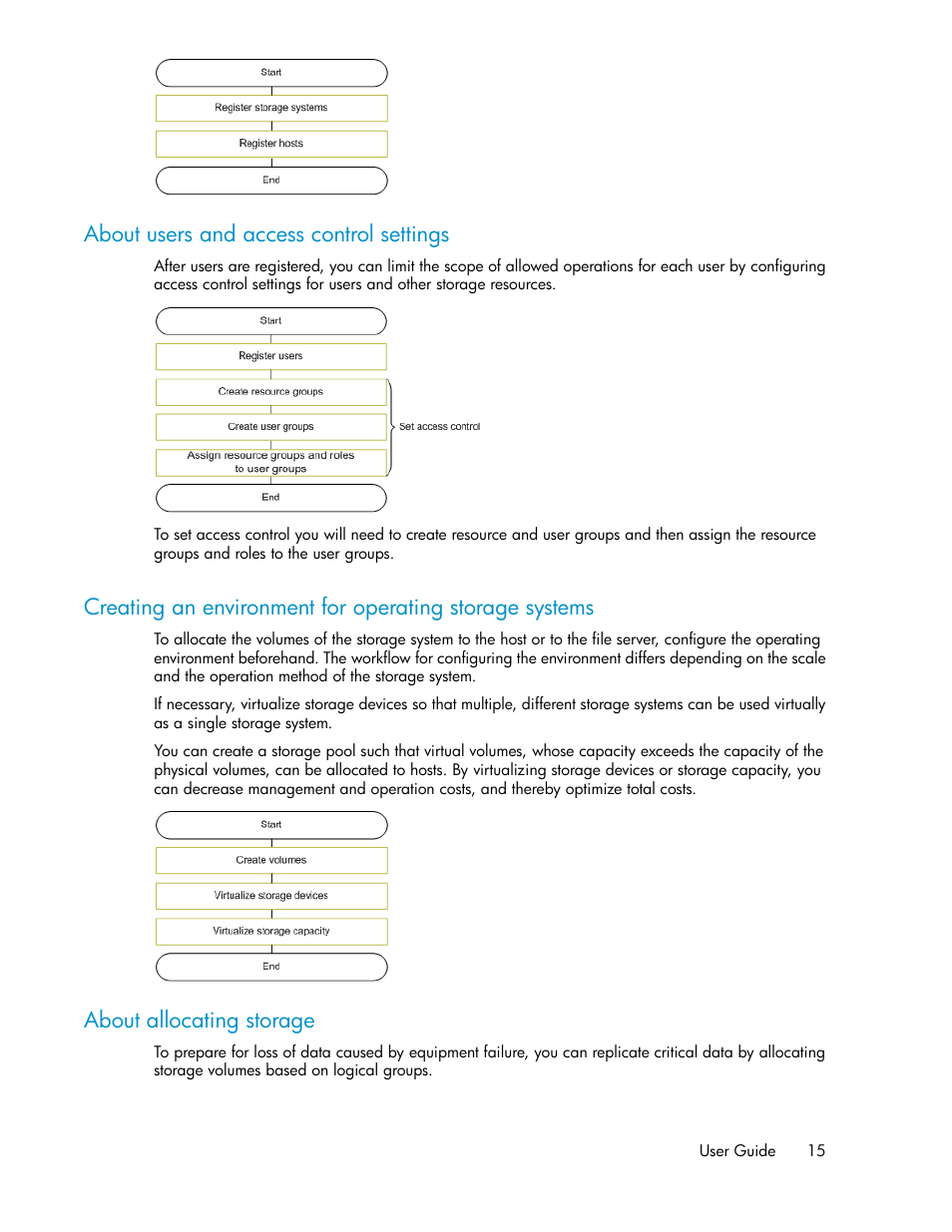 About users and access control settings, About allocating storage, 15 about allocating storage | HP XP Array Manager Software User Manual | Page 15 / 128