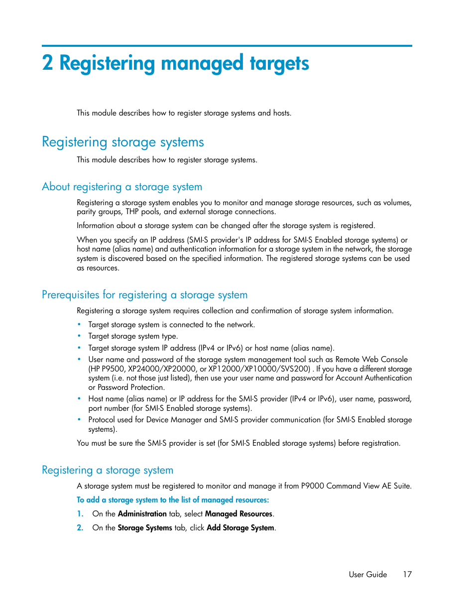 2 registering managed targets, Registering storage systems, About registering a storage system | Prerequisites for registering a storage system, Registering a storage system, 17 prerequisites for registering a storage system, 17 registering a storage system | HP XP Array Manager Software User Manual | Page 17 / 128