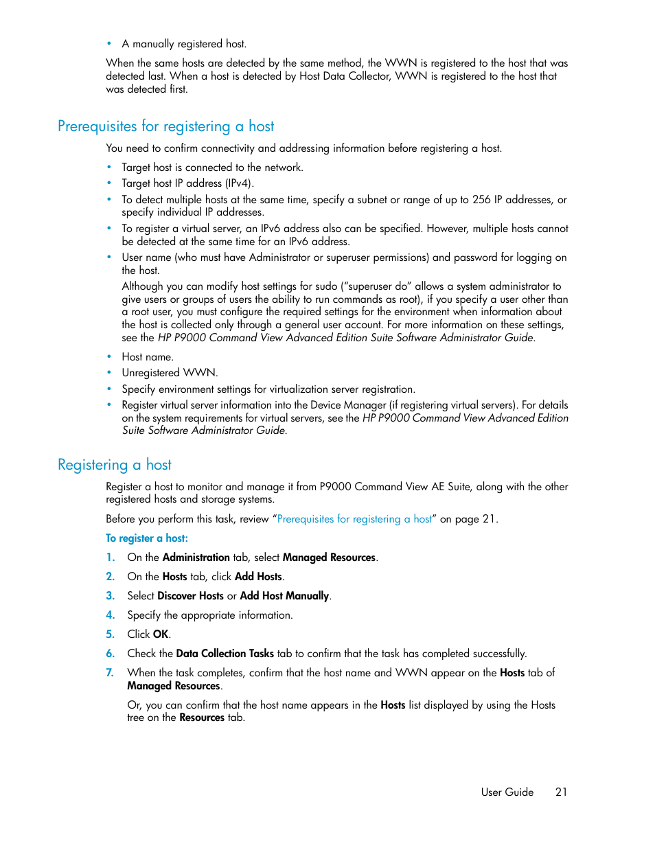 Prerequisites for registering a host, Registering a host, 21 registering a host | HP XP Array Manager Software User Manual | Page 21 / 128