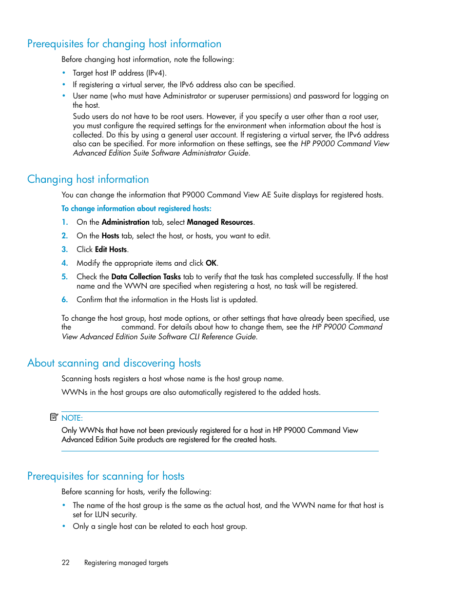 Prerequisites for changing host information, Changing host information, About scanning and discovering hosts | Prerequisites for scanning for hosts, 22 changing host information, 22 about scanning and discovering hosts, 22 prerequisites for scanning for hosts | HP XP Array Manager Software User Manual | Page 22 / 128