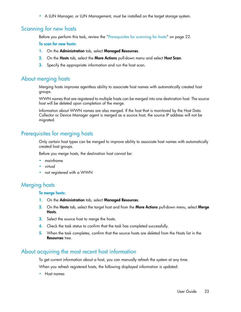 Scanning for new hosts, About merging hosts, Prerequisites for merging hosts | Merging hosts, About acquiring the most recent host information, 23 about merging hosts, 23 prerequisites for merging hosts, 23 merging hosts | HP XP Array Manager Software User Manual | Page 23 / 128