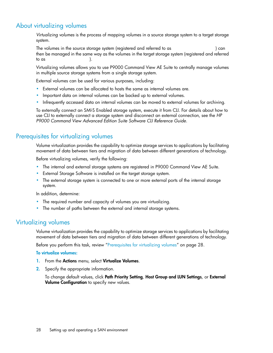 About virtualizing volumes, Prerequisites for virtualizing volumes, Virtualizing volumes | 28 prerequisites for virtualizing volumes, 28 virtualizing volumes | HP XP Array Manager Software User Manual | Page 28 / 128