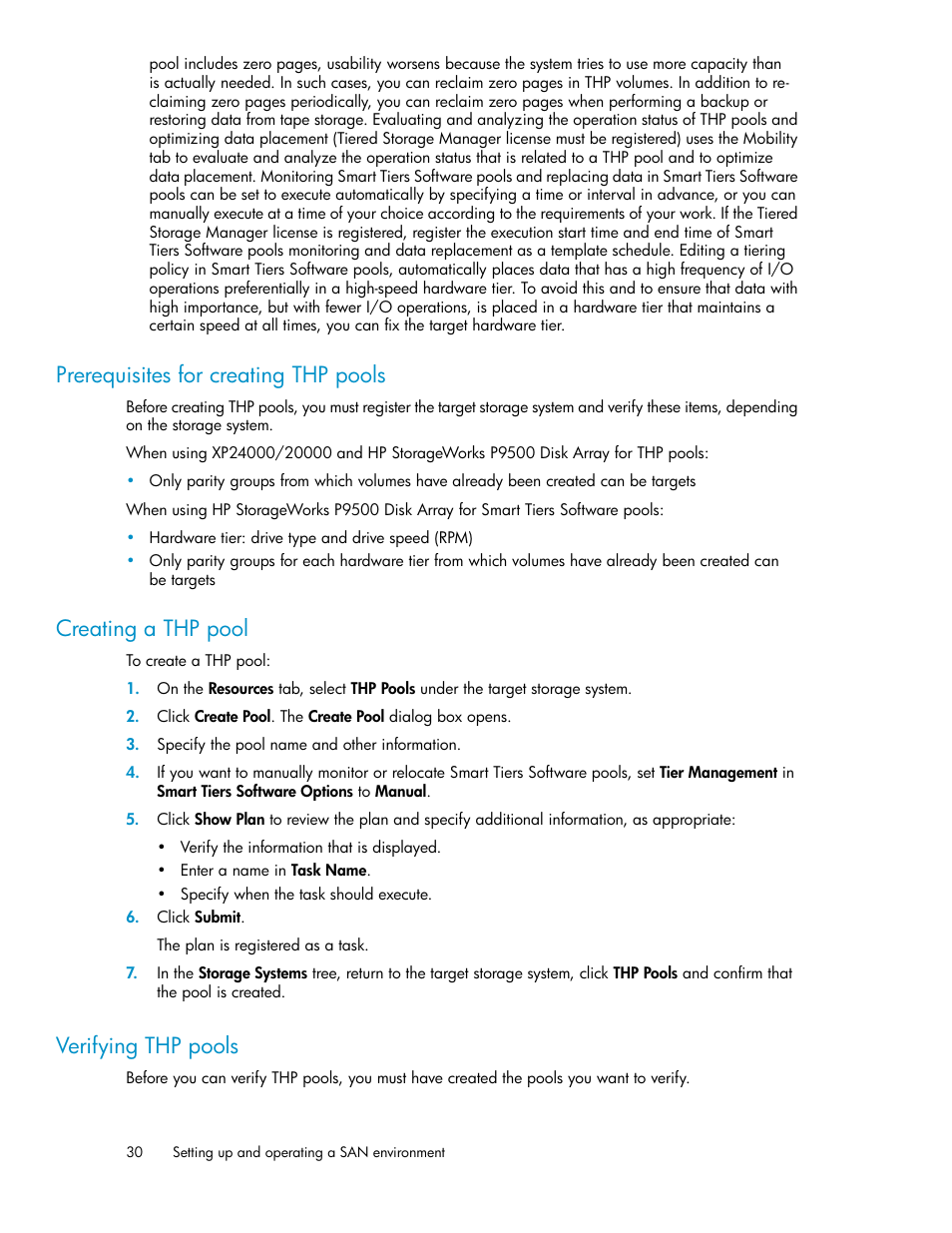 Prerequisites for creating thp pools, Creating a thp pool, Verifying thp pools | 30 creating a thp pool, 30 verifying thp pools | HP XP Array Manager Software User Manual | Page 30 / 128