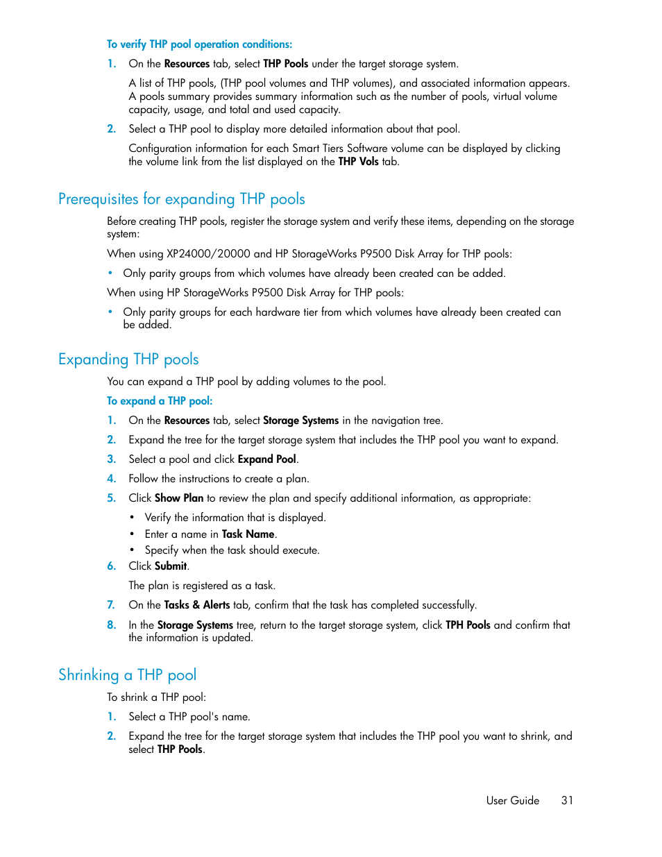 Prerequisites for expanding thp pools, Expanding thp pools, Shrinking a thp pool | 31 expanding thp pools, 31 shrinking a thp pool | HP XP Array Manager Software User Manual | Page 31 / 128