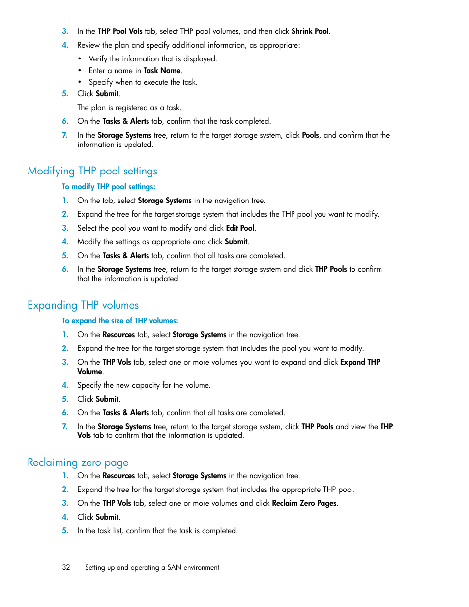 Modifying thp pool settings, Expanding thp volumes, 32 expanding thp volumes | Reclaiming zero page | HP XP Array Manager Software User Manual | Page 32 / 128