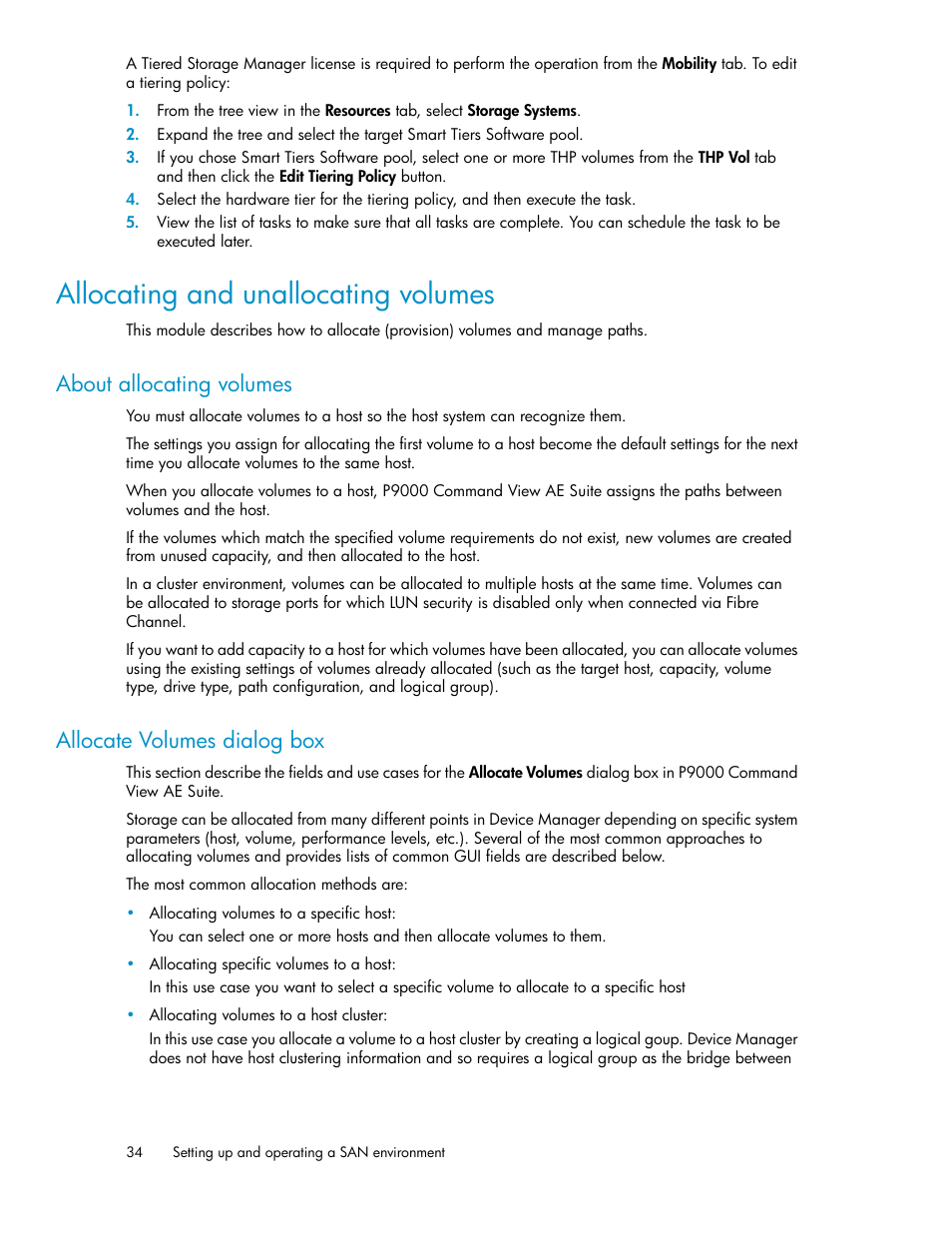 Allocating and unallocating volumes, About allocating volumes, Allocate volumes dialog box | 34 allocate volumes dialog box | HP XP Array Manager Software User Manual | Page 34 / 128