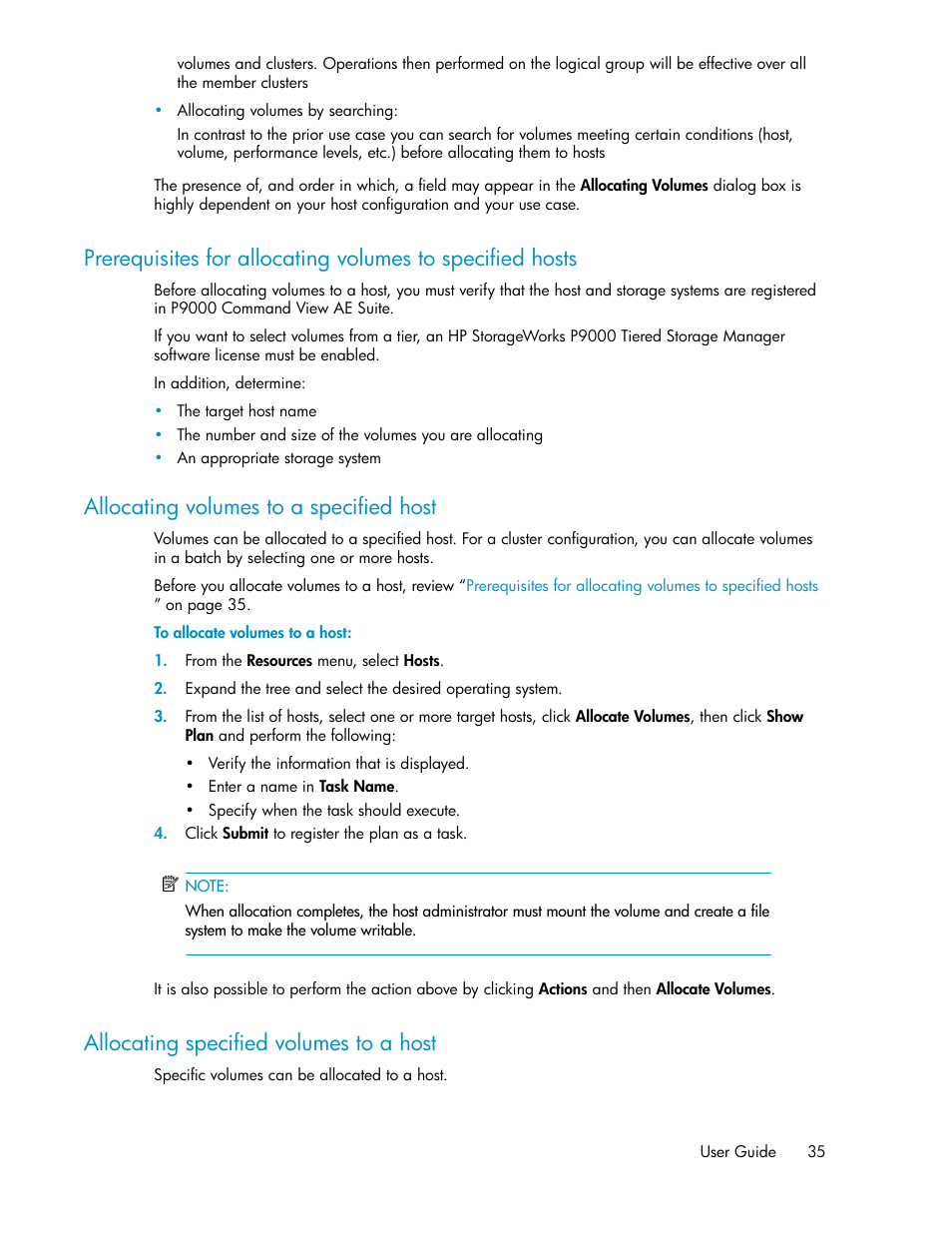 Allocating volumes to a specified host, Allocating specified volumes to a host, 35 allocating volumes to a specified host | 35 allocating specified volumes to a host | HP XP Array Manager Software User Manual | Page 35 / 128