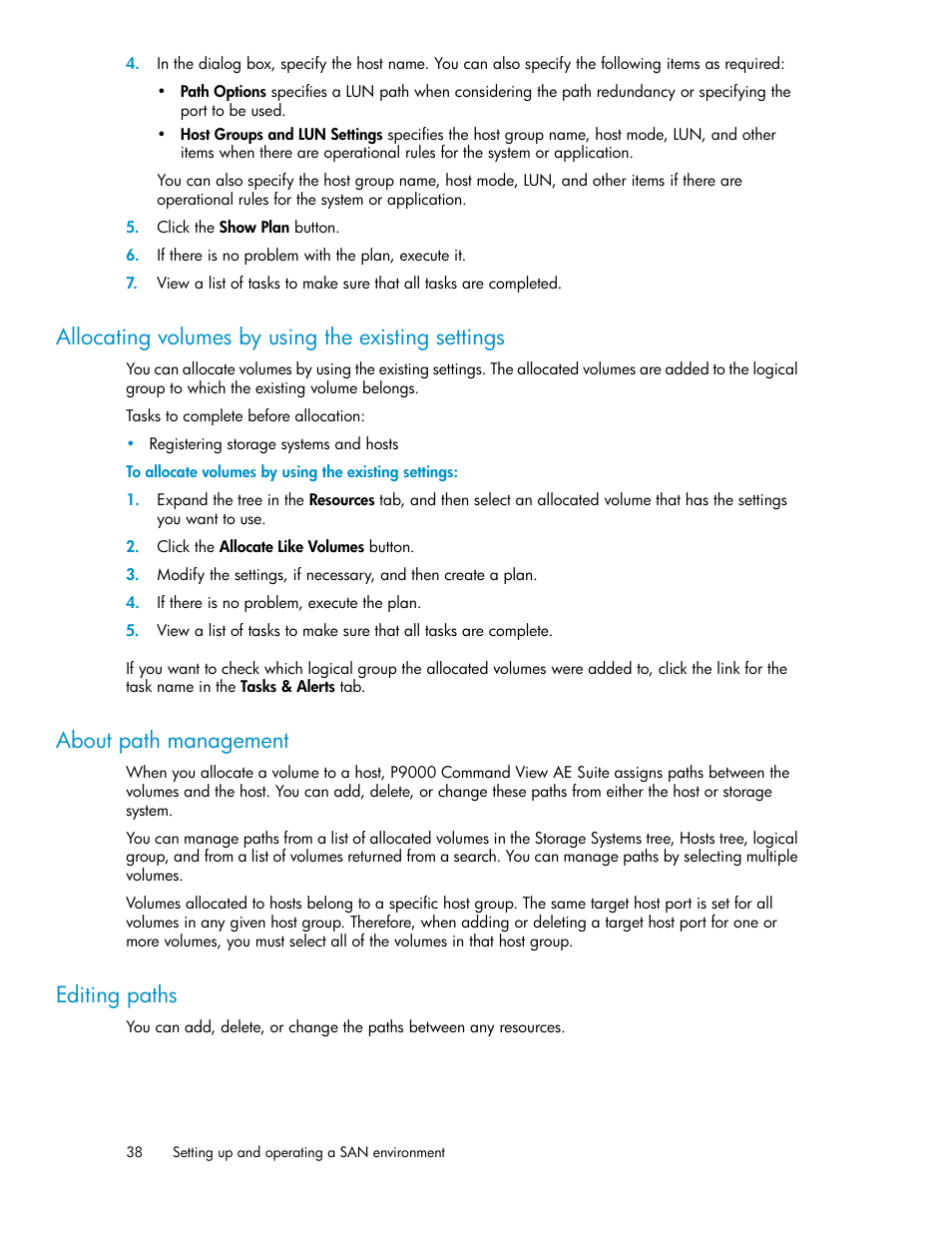 Allocating volumes by using the existing settings, About path management, Editing paths | 38 about path management, 38 editing paths | HP XP Array Manager Software User Manual | Page 38 / 128