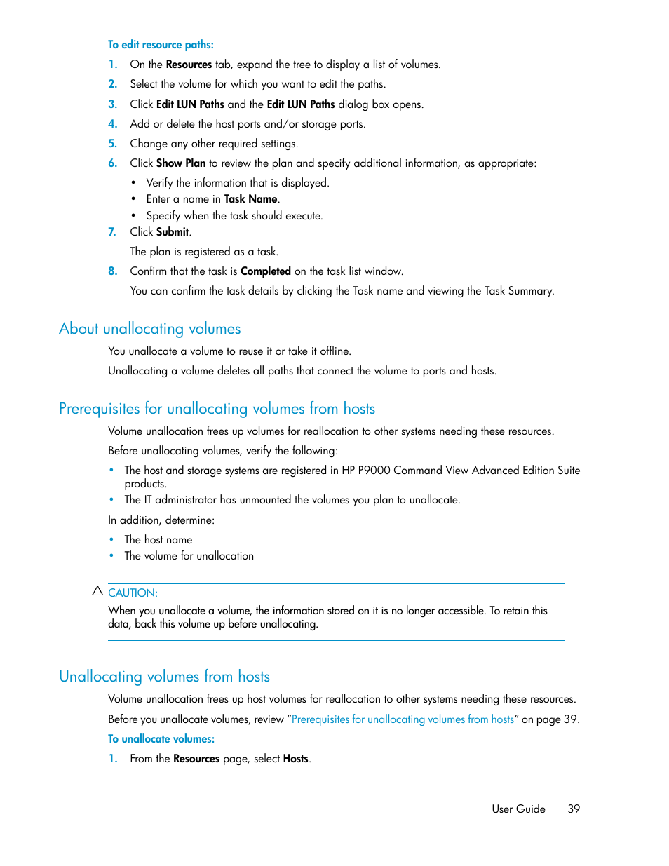 About unallocating volumes, Prerequisites for unallocating volumes from hosts, Unallocating volumes from hosts | 39 unallocating volumes from hosts | HP XP Array Manager Software User Manual | Page 39 / 128