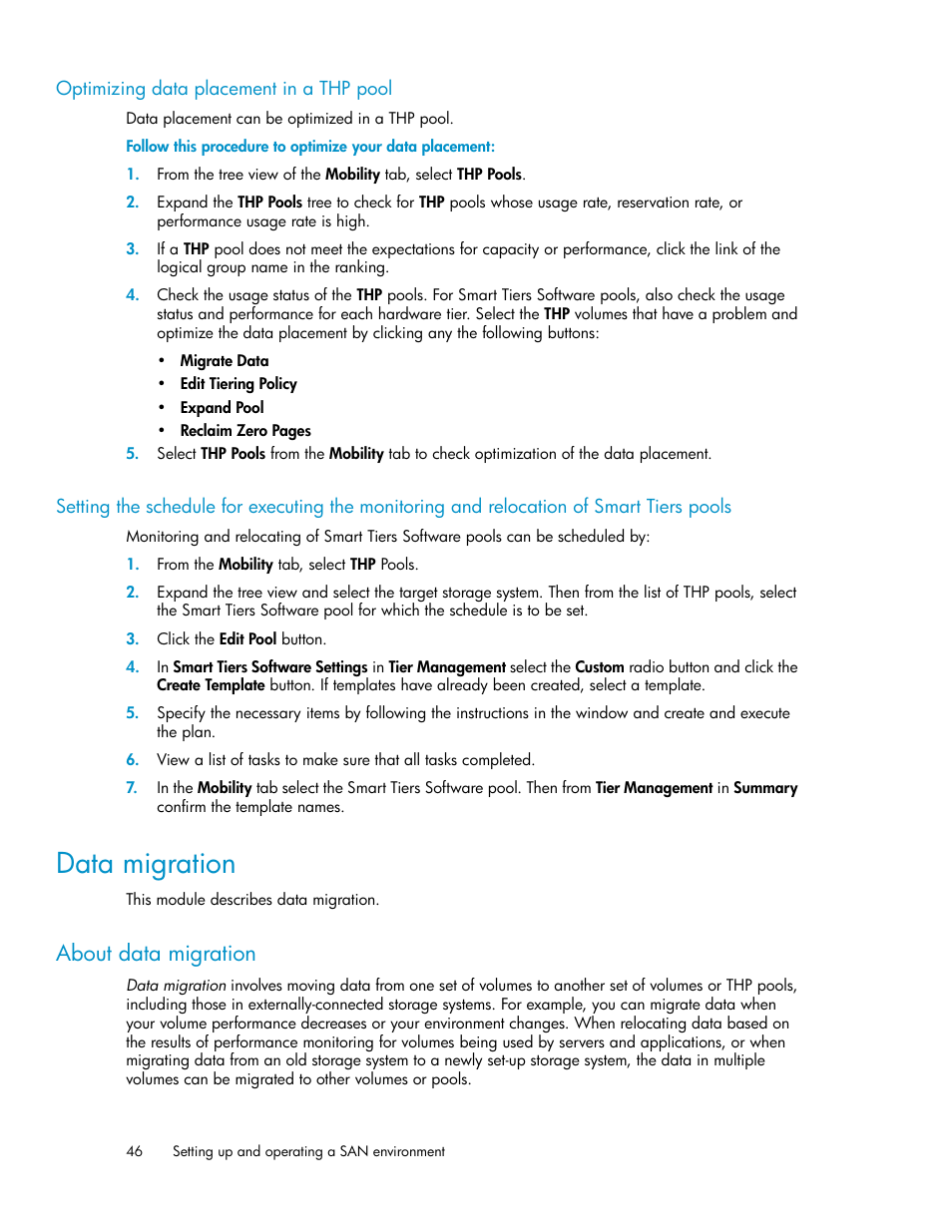 Optimizing data placement in a thp pool, Data migration, About data migration | HP XP Array Manager Software User Manual | Page 46 / 128