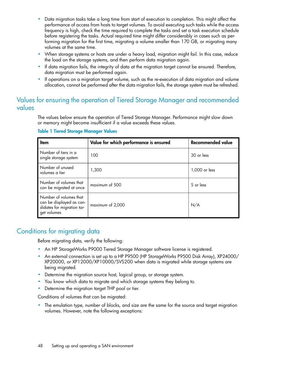 Conditions for migrating data, 48 conditions for migrating data, Tiered storage manager values | HP XP Array Manager Software User Manual | Page 48 / 128