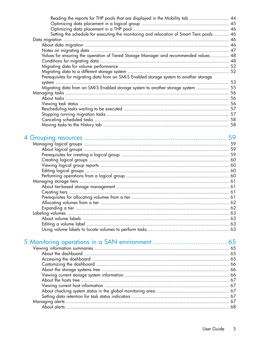 4 grouping resources, 5 monitoring operations in a san environment | HP XP Array Manager Software User Manual | Page 5 / 128