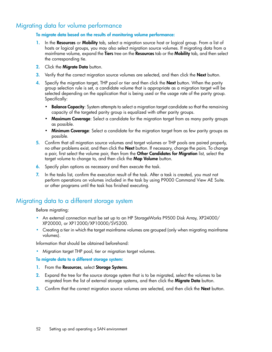 Migrating data for volume performance, Migrating data to a different storage system, 52 migrating data to a different storage system | HP XP Array Manager Software User Manual | Page 52 / 128