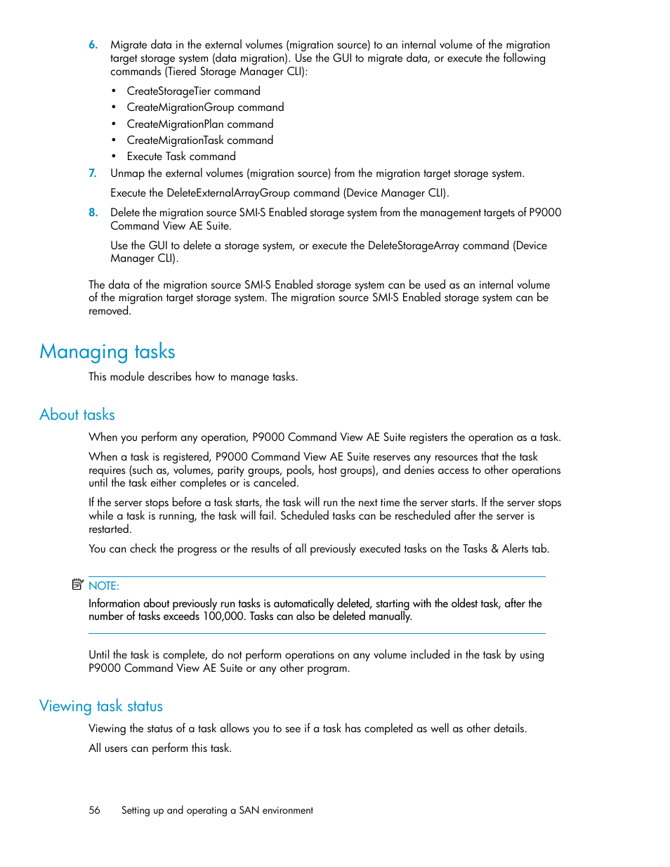 Managing tasks, About tasks, Viewing task status | 56 viewing task status | HP XP Array Manager Software User Manual | Page 56 / 128