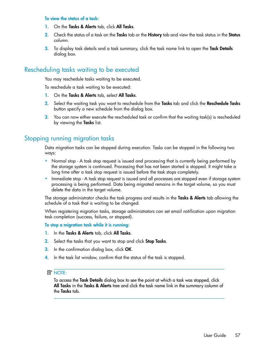 Rescheduling tasks waiting to be executed, Stopping running migration tasks, 57 stopping running migration tasks | HP XP Array Manager Software User Manual | Page 57 / 128